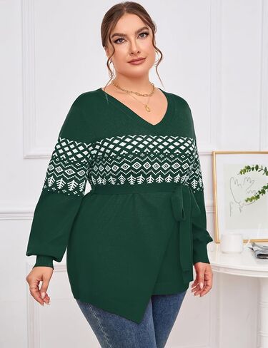ShopWonder Plus Size Oversized Knit Sweaters for Women V Neck Casual Shirts with Belt Irregular Hem Long Sleeve Tops in Saudi Arabia