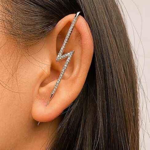 Ear Crawler Earrings for Women Ear Cuff Earrings Helix Hook Earrings Ear Wrap Earrings Snowflake Rhinestone Lightning Bolt Pierced Clip Earrings Trendy Jewelry for Women Gold Silver in Kuwait