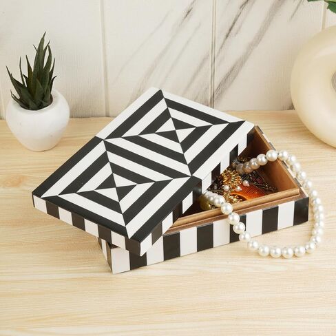 Black and White Earring Necklace Jewelry Organizer Geometric Pattern Box Collection Storage Decorative Multipurpose Keepsake Gift Box (8x5x2 inches) in Kuwait
