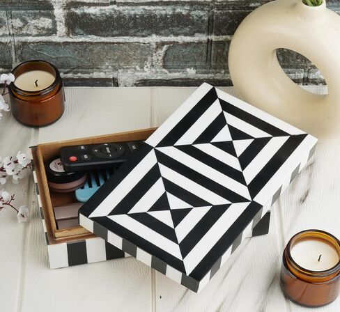 Black and White Earring Necklace Jewelry Organizer Geometric Pattern Box Collection Storage Decorative Multipurpose Keepsake Gift Box (8x5x2 inches) in Kuwait