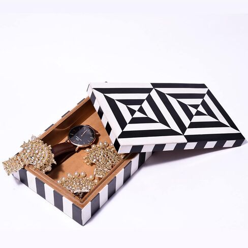 Black and White Earring Necklace Jewelry Organizer Geometric Pattern Box Collection Storage Decorative Multipurpose Keepsake Gift Box (8x5x2 inches) in Kuwait