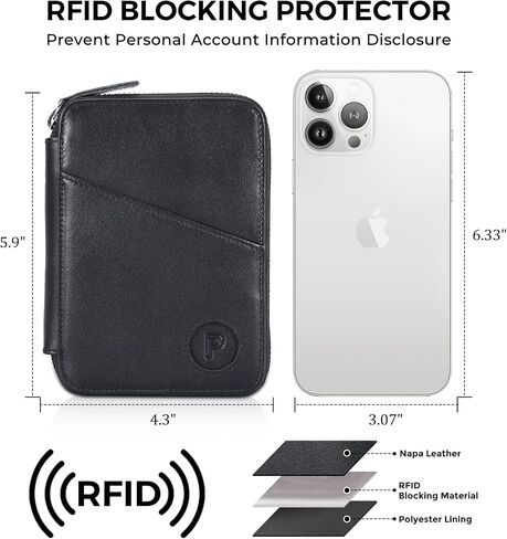 محفظة جواز السفر من الجلد المحبب بالكامل Polare مع فتحة AirTag RFID وحامل جواز السفر وغطاء ناعم ثنائي الطي مع سحاب YKK in Kuwait