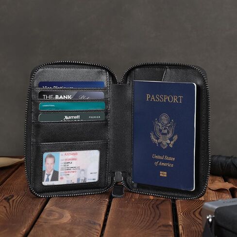 محفظة جواز السفر من الجلد المحبب بالكامل Polare مع فتحة AirTag RFID وحامل جواز السفر وغطاء ناعم ثنائي الطي مع سحاب YKK in Kuwait