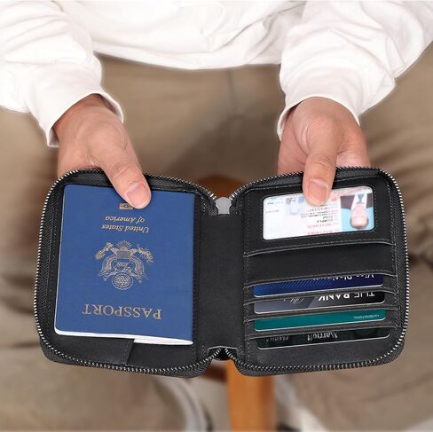 محفظة جواز السفر من الجلد المحبب بالكامل Polare مع فتحة AirTag RFID وحامل جواز السفر وغطاء ناعم ثنائي الطي مع سحاب YKK in Kuwait