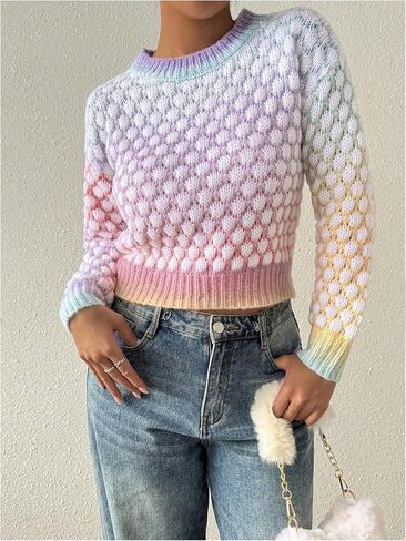 GORGLITTER Women's Ombre Colorful Sweater Knit Crewneck Long Sleeve Fall Jumper Tops in Saudi Arabia