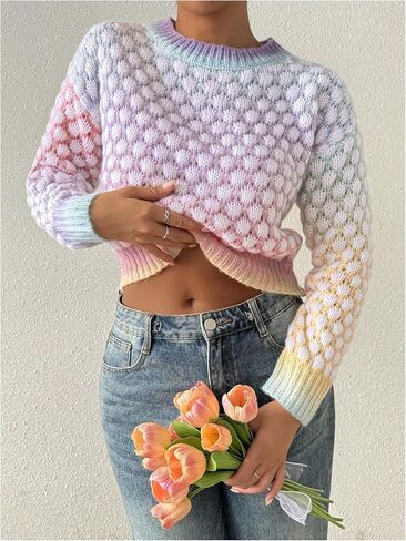 GORGLITTER Women's Ombre Colorful Sweater Knit Crewneck Long Sleeve Fall Jumper Tops in Saudi Arabia