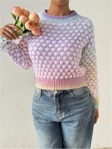 GORGLITTER Women's Ombre Colorful Sweater Knit Crewneck Long Sleeve Fall Jumper Tops in Saudi Arabia