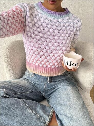 GORGLITTER Women's Ombre Colorful Sweater Knit Crewneck Long Sleeve Fall Jumper Tops in Saudi Arabia