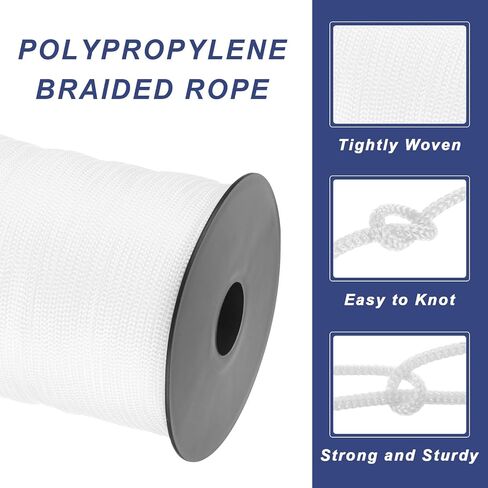 MECCANIXITY 1/8 Inch Polypropylene Rope Braided Ropes, 328ft Nylon Rope Hollow Utility Cord String for Clothesline, Camping, Hiking, Outdoor, White in Kuwait