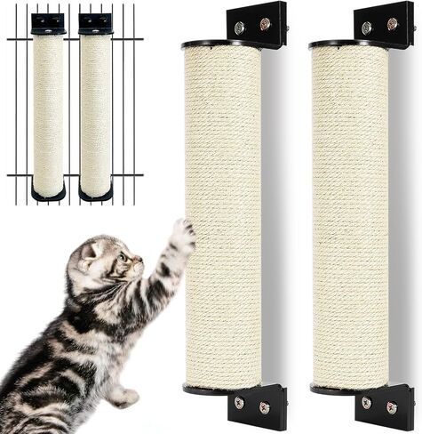 Cat Scratching Post Wall Mounted 2 Pack Cage Mount Cat Scratcher 2-in-1 Natural Sisal Kitty Scratch Posts with Self Groomer Massager for Scratch and Climbing 15.7x2.7in (White) in Saudi Arabia