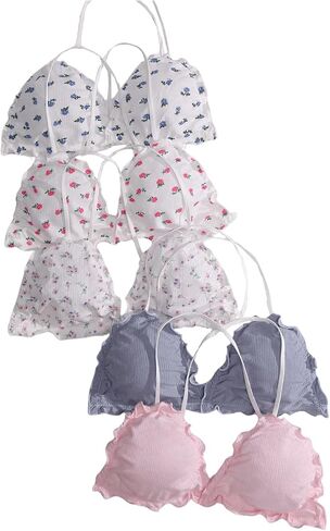 MakeMeChic Women's 5 Piece Floral Print Bras Lettuce Trim Spaghetti Strap Wireless Bralettes in Saudi Arabia