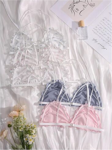 MakeMeChic Women's 5 Piece Floral Print Bras Lettuce Trim Spaghetti Strap Wireless Bralettes in Saudi Arabia