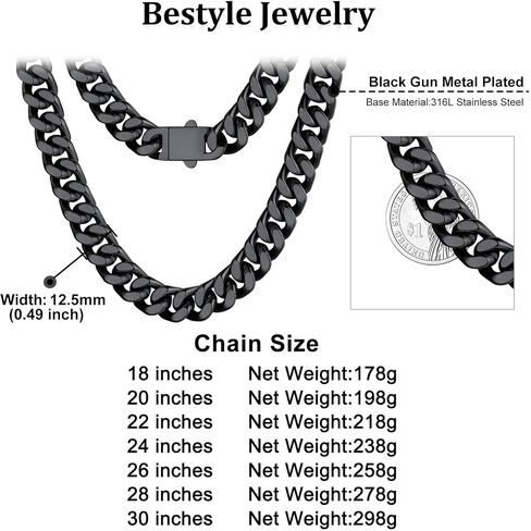 Bestyle Cuban Link Chain for Men, 5/7/9/12 mm Stainless Steel/Black/Gold Miami Cuban Chains for Men, 18/20/ 22/24/ 26/28/ 30 Inch, Gift for Husband Father in Saudi Arabia