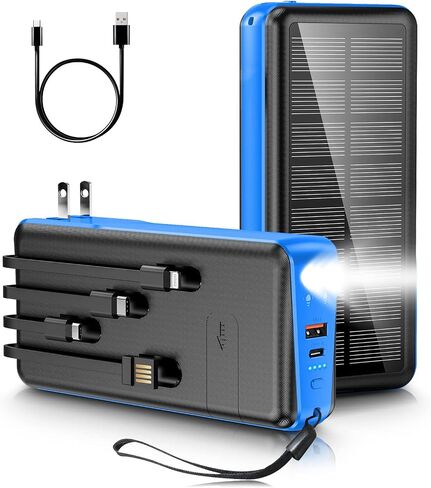 Portable Charger with Built in Cable and Wall Plug 50000mAh PD30W Fast Charging Solar Power Bank with 5 Output & 2 Input Dual LED Flashlights Phone Holder External Battery Pack (Black) in Saudi Arabia