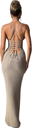 Women's Crochet Knitted Halter Maxi Dress Sexy Hollow Out V-Neck Lace Up Backless Bodycon Beach Holiday Long Dress in Saudi Arabia