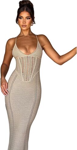 Women's Crochet Knitted Halter Maxi Dress Sexy Hollow Out V-Neck Lace Up Backless Bodycon Beach Holiday Long Dress in Saudi Arabia