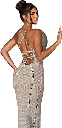 Women's Crochet Knitted Halter Maxi Dress Sexy Hollow Out V-Neck Lace Up Backless Bodycon Beach Holiday Long Dress in Saudi Arabia