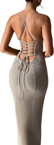 Women's Crochet Knitted Halter Maxi Dress Sexy Hollow Out V-Neck Lace Up Backless Bodycon Beach Holiday Long Dress in Saudi Arabia