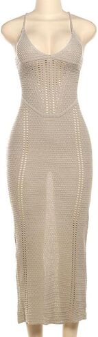 Women's Crochet Knitted Halter Maxi Dress Sexy Hollow Out V-Neck Lace Up Backless Bodycon Beach Holiday Long Dress in Saudi Arabia