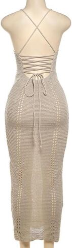 Women's Crochet Knitted Halter Maxi Dress Sexy Hollow Out V-Neck Lace Up Backless Bodycon Beach Holiday Long Dress in Saudi Arabia