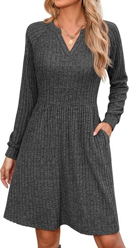 Riyiper Women's Knit Sweater Dress, Long Sleeve V Neck Babydoll Dress with Pockets Casual Knee Length Dress Trendy 2025 in Kuwait