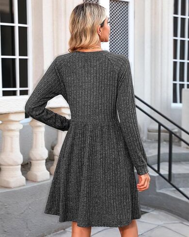 Riyiper Women's Knit Sweater Dress, Long Sleeve V Neck Babydoll Dress with Pockets Casual Knee Length Dress Trendy 2025 in Kuwait