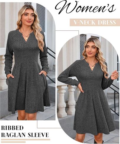 Riyiper Women's Knit Sweater Dress, Long Sleeve V Neck Babydoll Dress with Pockets Casual Knee Length Dress Trendy 2025 in Kuwait