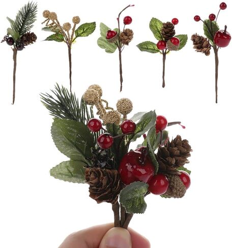 Gentlecarin يختار الصنوبر الاصطناعي، 30pcs عيد الميلاد التوت الأحمر الصنوبر المخاريط ينبع، مصغرة تحفيز فروع التوت الأحمر لعيد الميلاد ترتيبات زهرة اكاليل الزينة in Saudi Arabia