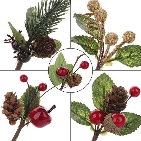 Gentlecarin يختار الصنوبر الاصطناعي، 30pcs عيد الميلاد التوت الأحمر الصنوبر المخاريط ينبع، مصغرة تحفيز فروع التوت الأحمر لعيد الميلاد ترتيبات زهرة اكاليل الزينة in Saudi Arabia