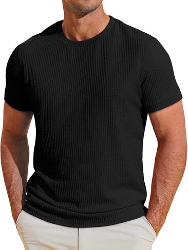 Runcati Mens Short Sleeve T Shirts Casual Crewneck Ribbed Knit Tee Tops Slim Fit Basic Stretch Summer Shirt in Saudi Arabia