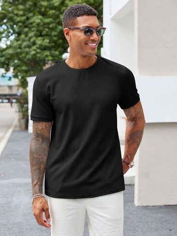 Runcati Mens Short Sleeve T Shirts Casual Crewneck Ribbed Knit Tee Tops Slim Fit Basic Stretch Summer Shirt in Saudi Arabia