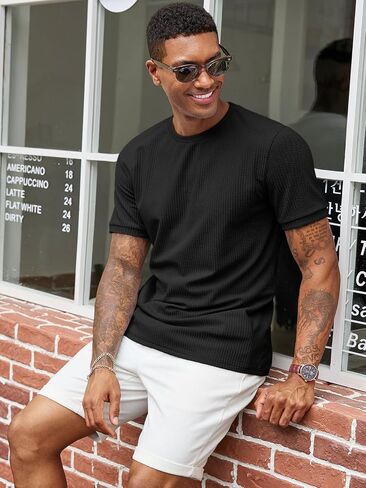 Runcati Mens Short Sleeve T Shirts Casual Crewneck Ribbed Knit Tee Tops Slim Fit Basic Stretch Summer Shirt in Saudi Arabia