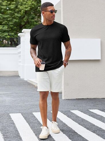 Runcati Mens Short Sleeve T Shirts Casual Crewneck Ribbed Knit Tee Tops Slim Fit Basic Stretch Summer Shirt in Saudi Arabia