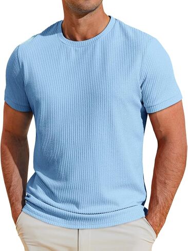 Runcati Mens Short Sleeve T Shirts Casual Crewneck Ribbed Knit Tee Tops Slim Fit Basic Stretch Summer Shirt in Saudi Arabia