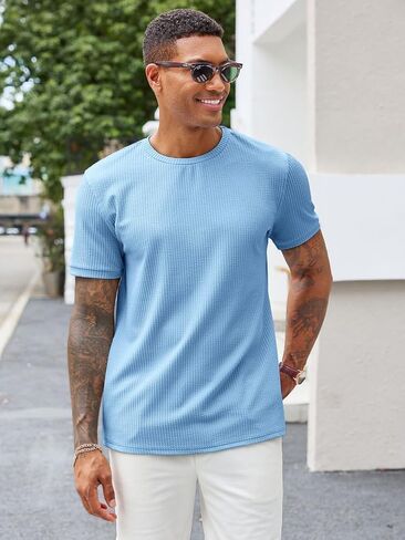 Runcati Mens Short Sleeve T Shirts Casual Crewneck Ribbed Knit Tee Tops Slim Fit Basic Stretch Summer Shirt in Saudi Arabia