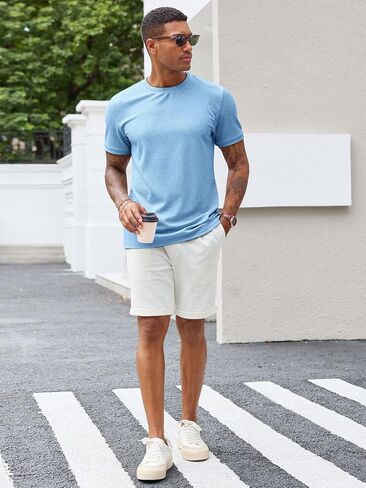 Runcati Mens Short Sleeve T Shirts Casual Crewneck Ribbed Knit Tee Tops Slim Fit Basic Stretch Summer Shirt in Saudi Arabia