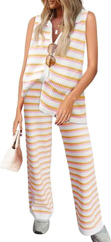 Tankaneo Womens Sleeveless Striped Pajama Sets Color Block Crochet Knit Button Top Pants 2 Piece Lounge Sets in Saudi Arabia