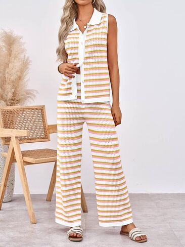 Tankaneo Womens Sleeveless Striped Pajama Sets Color Block Crochet Knit Button Top Pants 2 Piece Lounge Sets in Saudi Arabia