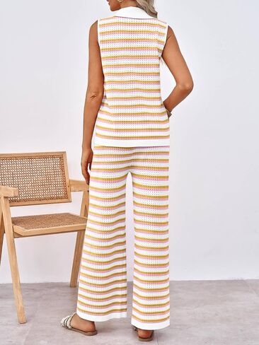 Tankaneo Womens Sleeveless Striped Pajama Sets Color Block Crochet Knit Button Top Pants 2 Piece Lounge Sets in Saudi Arabia