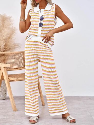 Tankaneo Womens Sleeveless Striped Pajama Sets Color Block Crochet Knit Button Top Pants 2 Piece Lounge Sets in Saudi Arabia