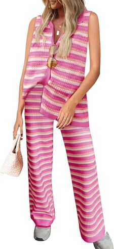 Tankaneo Womens Sleeveless Striped Pajama Sets Color Block Crochet Knit Button Top Pants 2 Piece Lounge Sets in Saudi Arabia