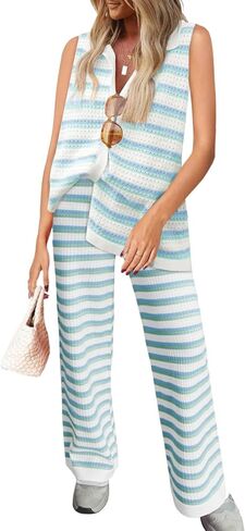 Tankaneo Womens Sleeveless Striped Pajama Sets Color Block Crochet Knit Button Top Pants 2 Piece Lounge Sets in Kuwait
