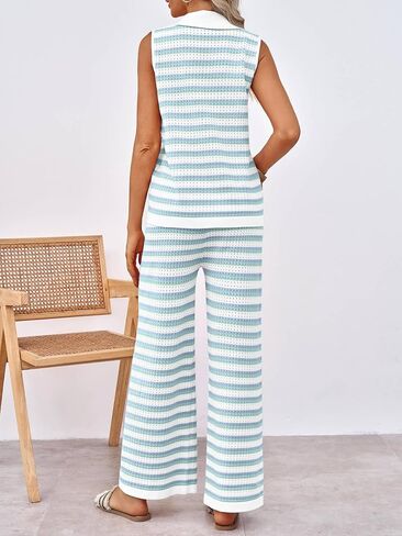 Tankaneo Womens Sleeveless Striped Pajama Sets Color Block Crochet Knit Button Top Pants 2 Piece Lounge Sets in Kuwait