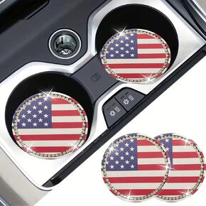 2 Pack Car Cup Coasters for Drinks Absorbent，American Flag 2.75 Inch Anti Slip Shockproof Drink Mat，Bling US Flag Car Interior Accessories for Car, SUV, Truck (Red)