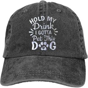Women's Hold My Drink I Gotta Pet This Dog Embroidered Hat, Adjustable Vintage Washed Baseball Cap for Mom Dad