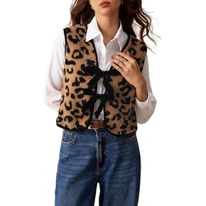SweatyRocks Women's Fuzzy Faux Fur Leopard Jacket Lightweight Vest Cozy Sleeveless Cardigan with Bow Tied Waistcoat Outerwear