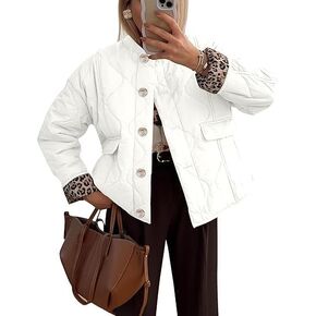 PEHMEA Women's Quilted Lightweight Jackets, Button Down Casual Coat Leopard Lining Bomber Outerwear with Pockets