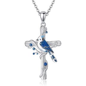 ONEFINITY Blue Jay Necklace 925 Sterling Silver Blue Jay Cross Pendant Necklaces Blue Bird Jewelry for Bird Lover Gifts