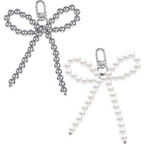 Lusofie 2pcs Silver Bag Charm, Pearl Bow Keychain, Y2K Accessories, Bag Accessories Charms, Beaded Bow Keychain for Car Keys, Purse, Backpack, Phone Charms (Silver, White)