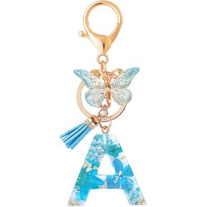 Initial Letter Keychain Resin Alphabet Keyrings,Blue Petals Gold Foil Key Ring Charm,Cute Car Key Chain
